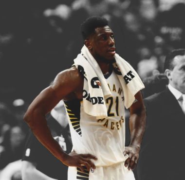 Edited photo of Thaddeus Young by Michael Reaves/Getty Images
