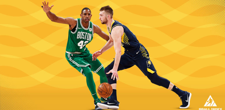 Domantas Sabonis of the Indiana Pacers and Al Horford of the Boston Celtics